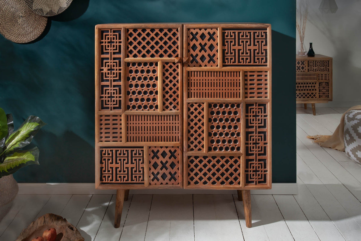 Buffet haut massif MARRAKESCH 120cm en manguier avec décoration style bohème