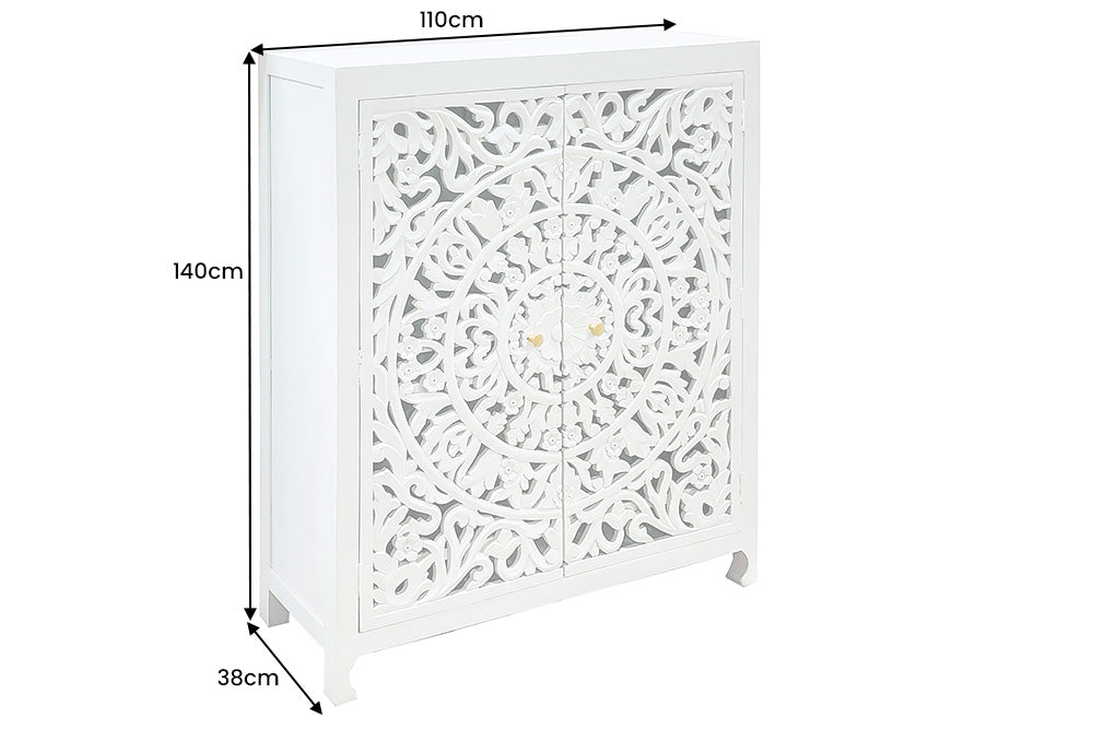 Buffet haut massif MARRAKESCH 140cm en manguier blanc avec décoration faite main
