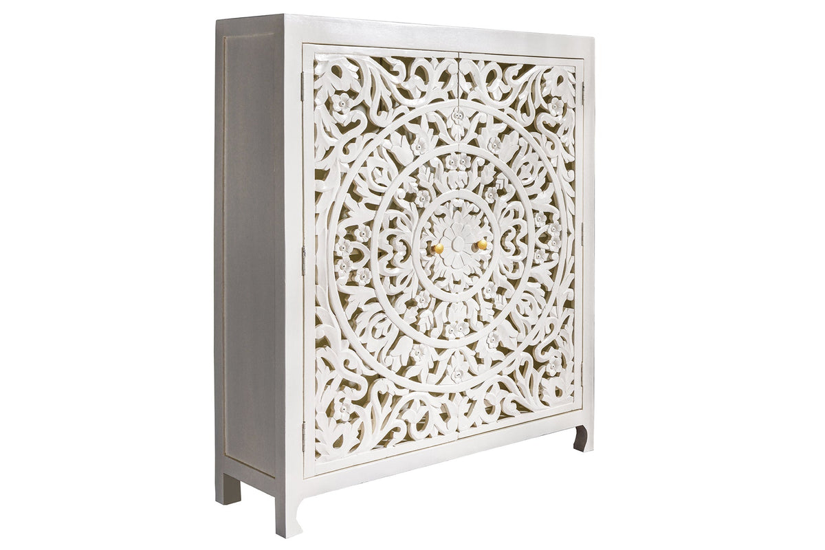 Buffet haut massif MARRAKESCH 140cm en manguier blanc avec décoration faite main