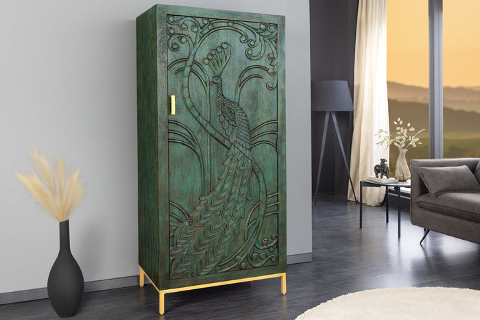 Buffet haut massif PEACOCK 170cm en bois de manguier vert antique sculpture 3D design paon