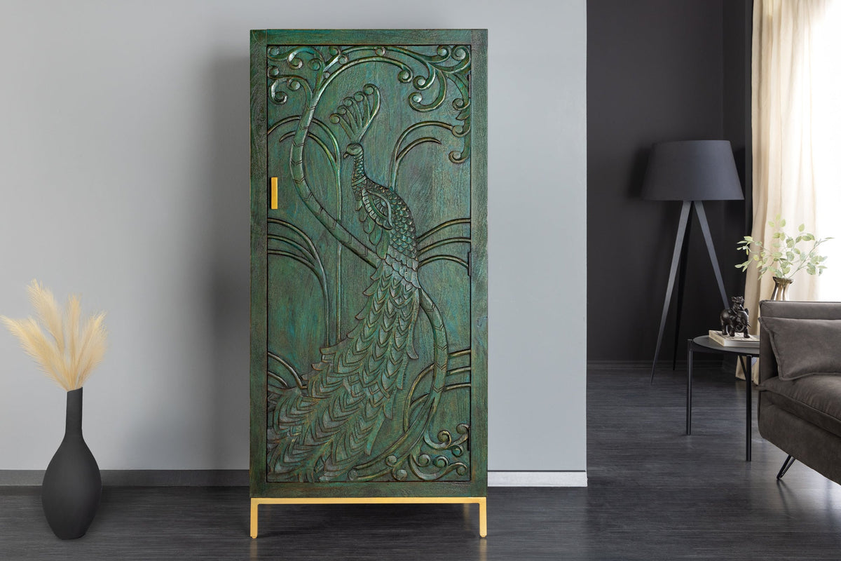 Buffet haut massif PEACOCK 170cm en bois de manguier vert antique sculpture 3D design paon