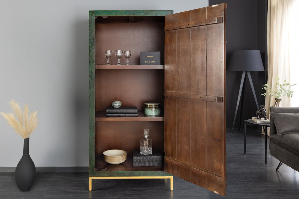 Buffet haut massif PEACOCK 170cm en bois de manguier vert antique sculpture 3D design paon
