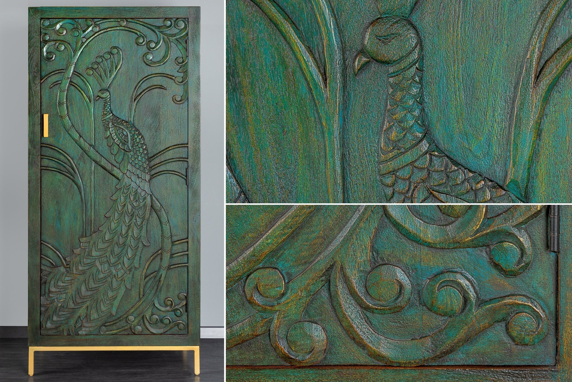 Buffet haut massif PEACOCK 170cm en bois de manguier vert antique sculpture 3D design paon