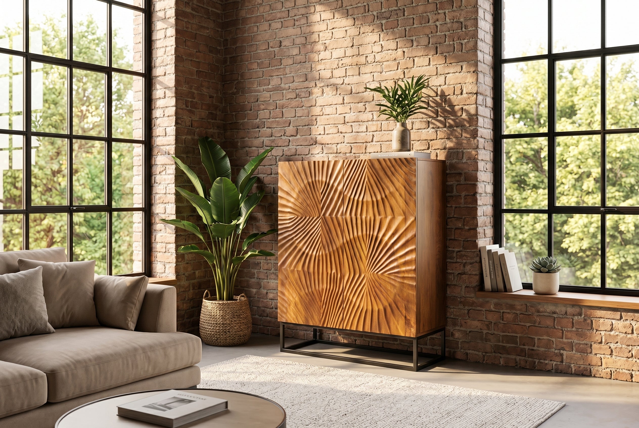 Buffet haut massif SCORPION 120 cm en bois de manguier marron avec sculptures 3D élaborées