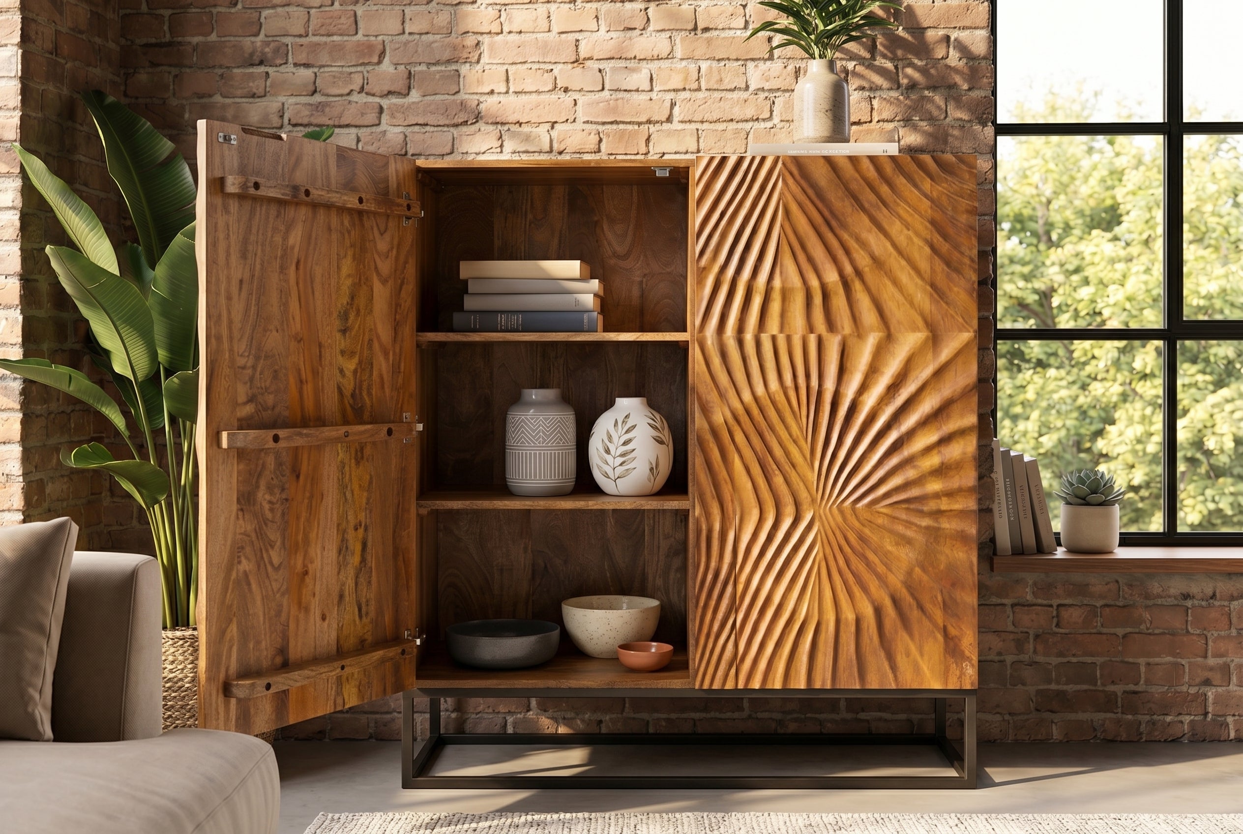Buffet haut massif SCORPION 120 cm en bois de manguier marron avec sculptures 3D élaborées
