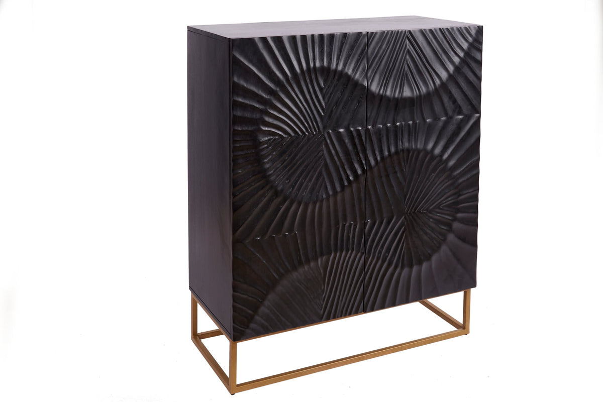 Buffet haut massif SCORPION 120 cm en bois de manguier noir avec sculptures 3D élaborées