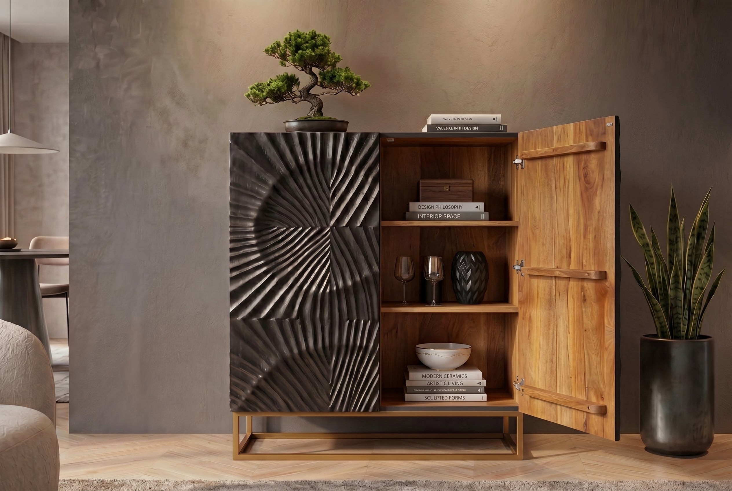 Buffet haut massif SCORPION 120 cm en bois de manguier noir avec sculptures 3D élaborées
