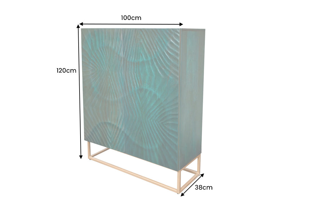 Buffet haut massif SCORPION 120cm en bois de manguier turquoise avec sculptures 3D métal doré