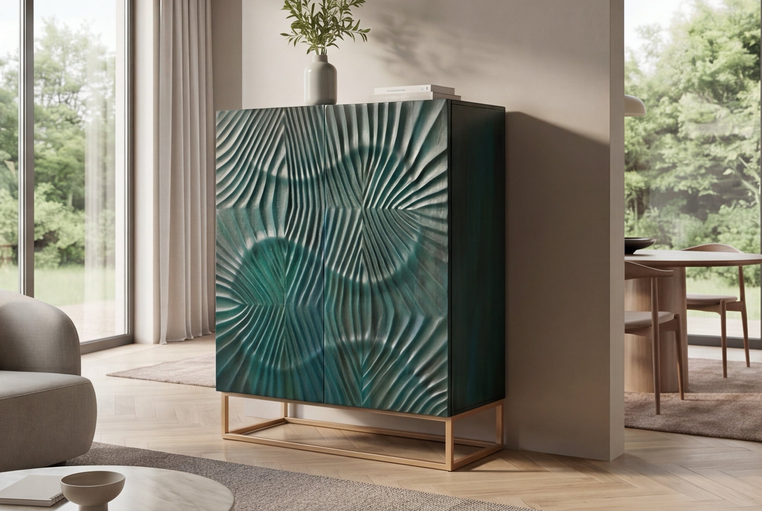 Buffet haut massif SCORPION 120cm en bois de manguier turquoise avec sculptures 3D métal doré