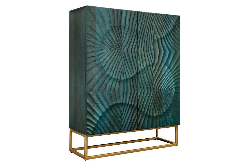 Buffet haut massif SCORPION 120cm en bois de manguier turquoise avec sculptures 3D métal doré