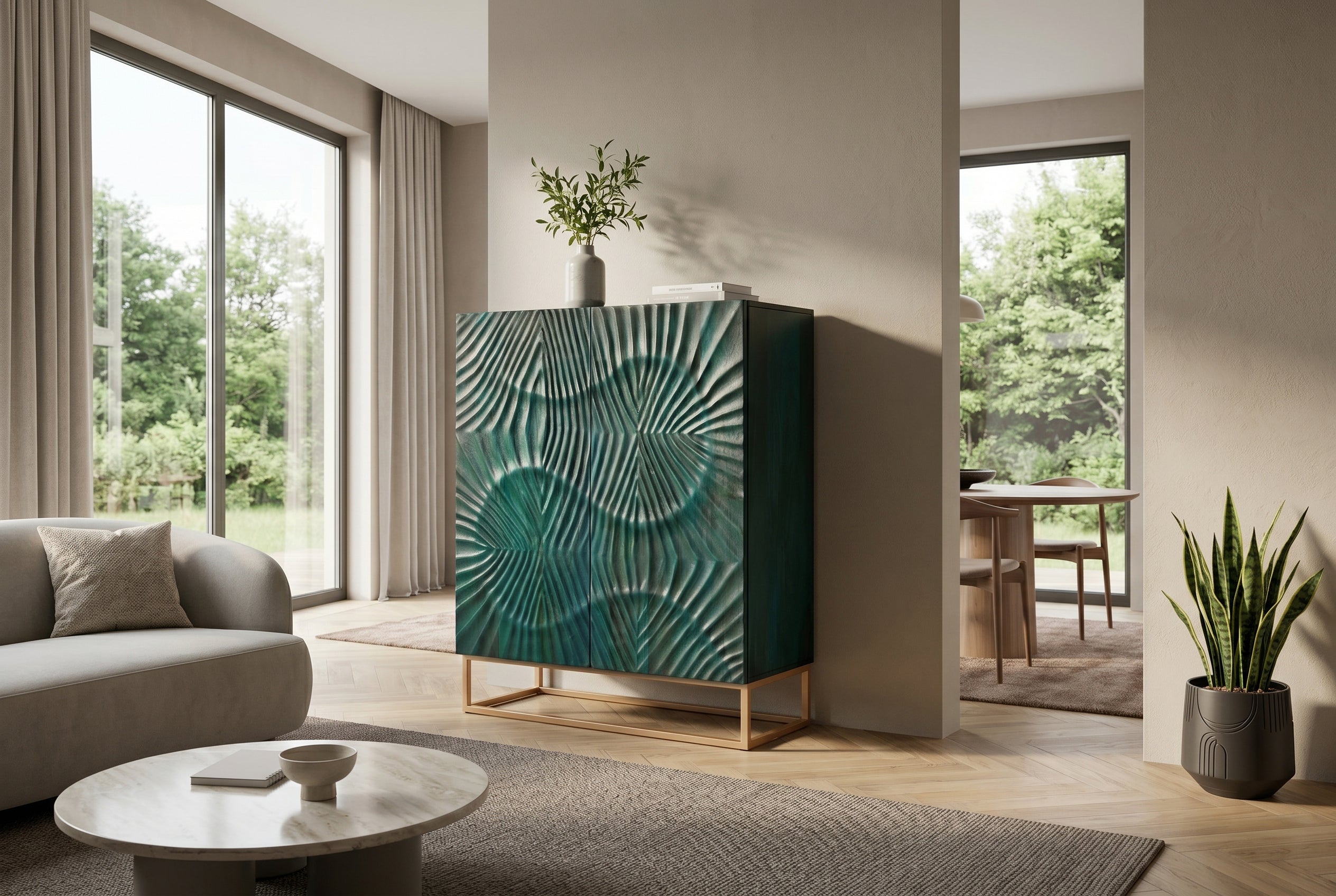 Buffet haut massif SCORPION 120cm en bois de manguier turquoise avec sculptures 3D métal doré