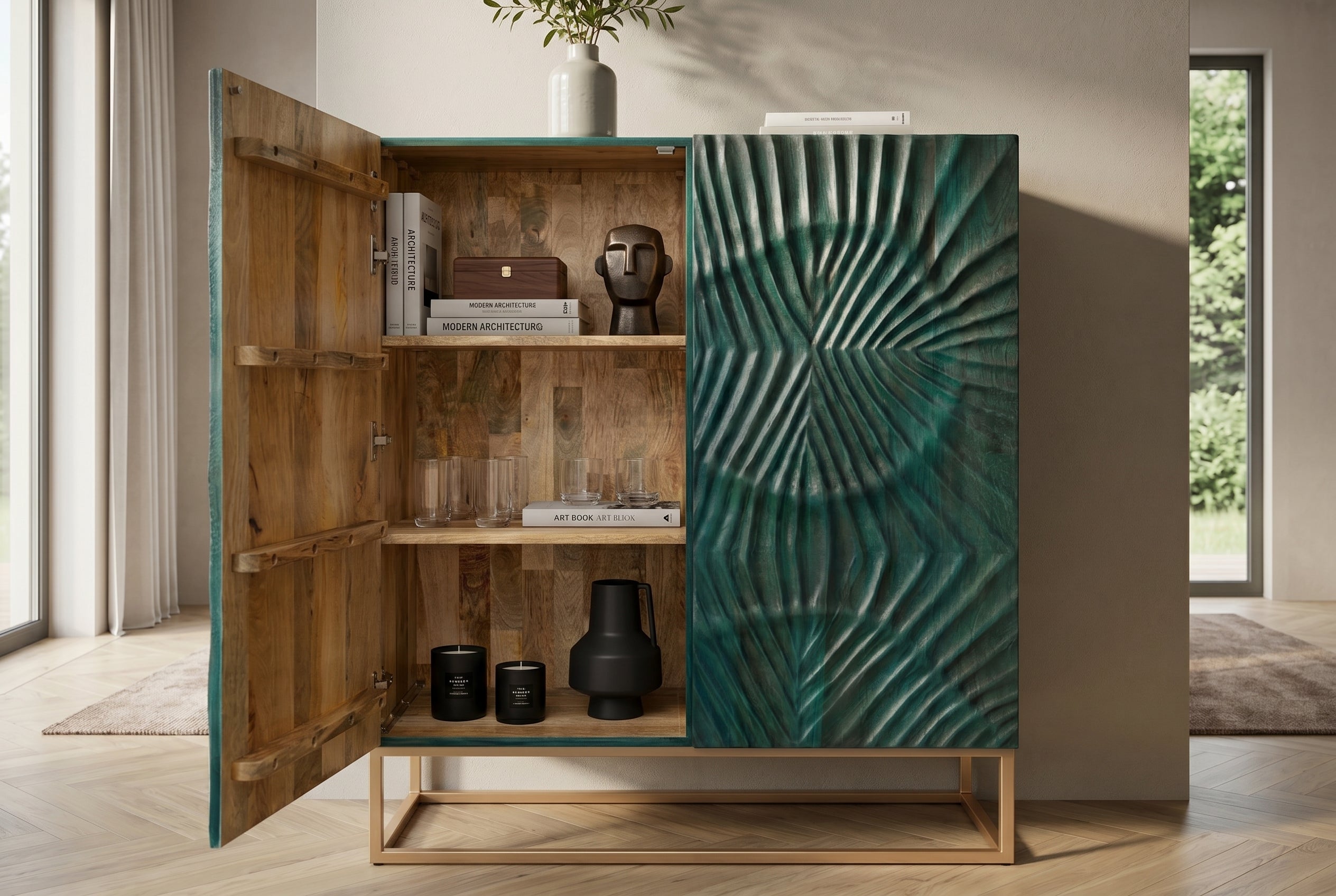Buffet haut massif SCORPION 120cm en bois de manguier turquoise avec sculptures 3D métal doré
