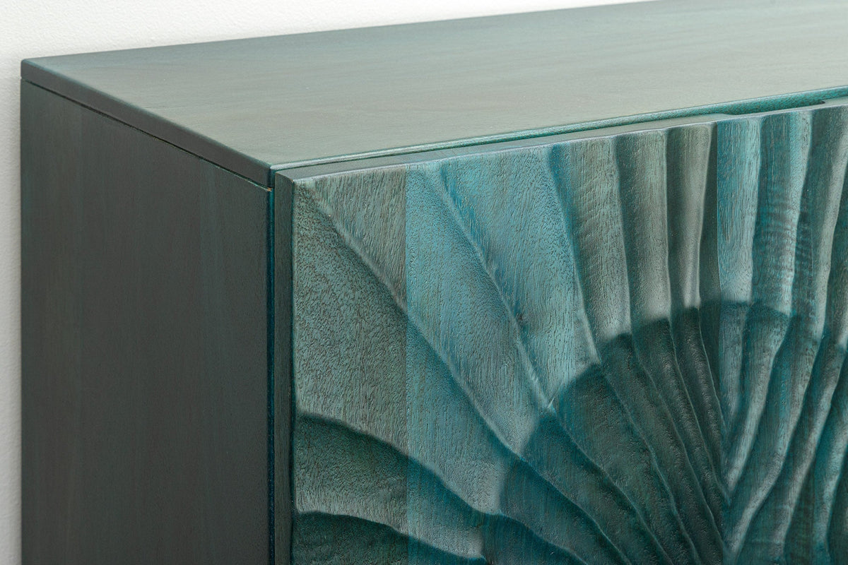 Buffet haut massif SCORPION 120cm en bois de manguier turquoise avec sculptures 3D métal doré