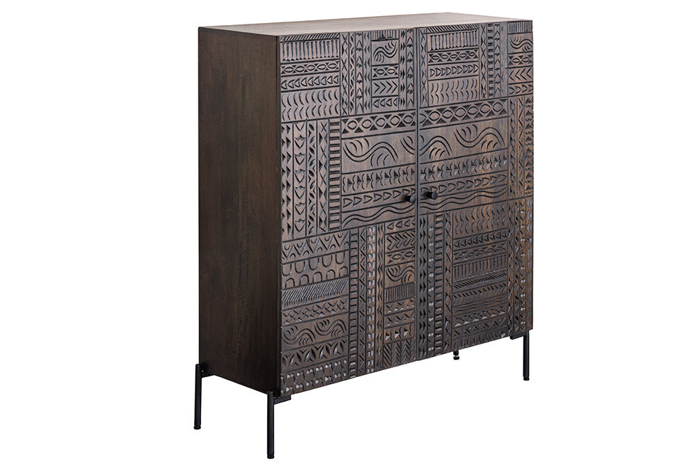 Buffet haut massif TRIBAL 120cm en manguier marron antique Façade 3D nombreux rangements