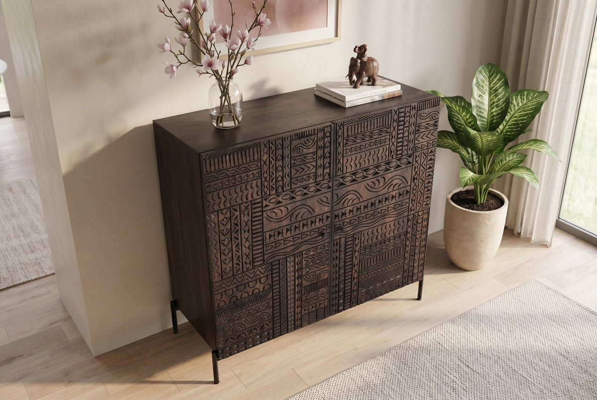 Buffet haut massif TRIBAL 120cm en manguier marron antique Façade 3D nombreux rangements