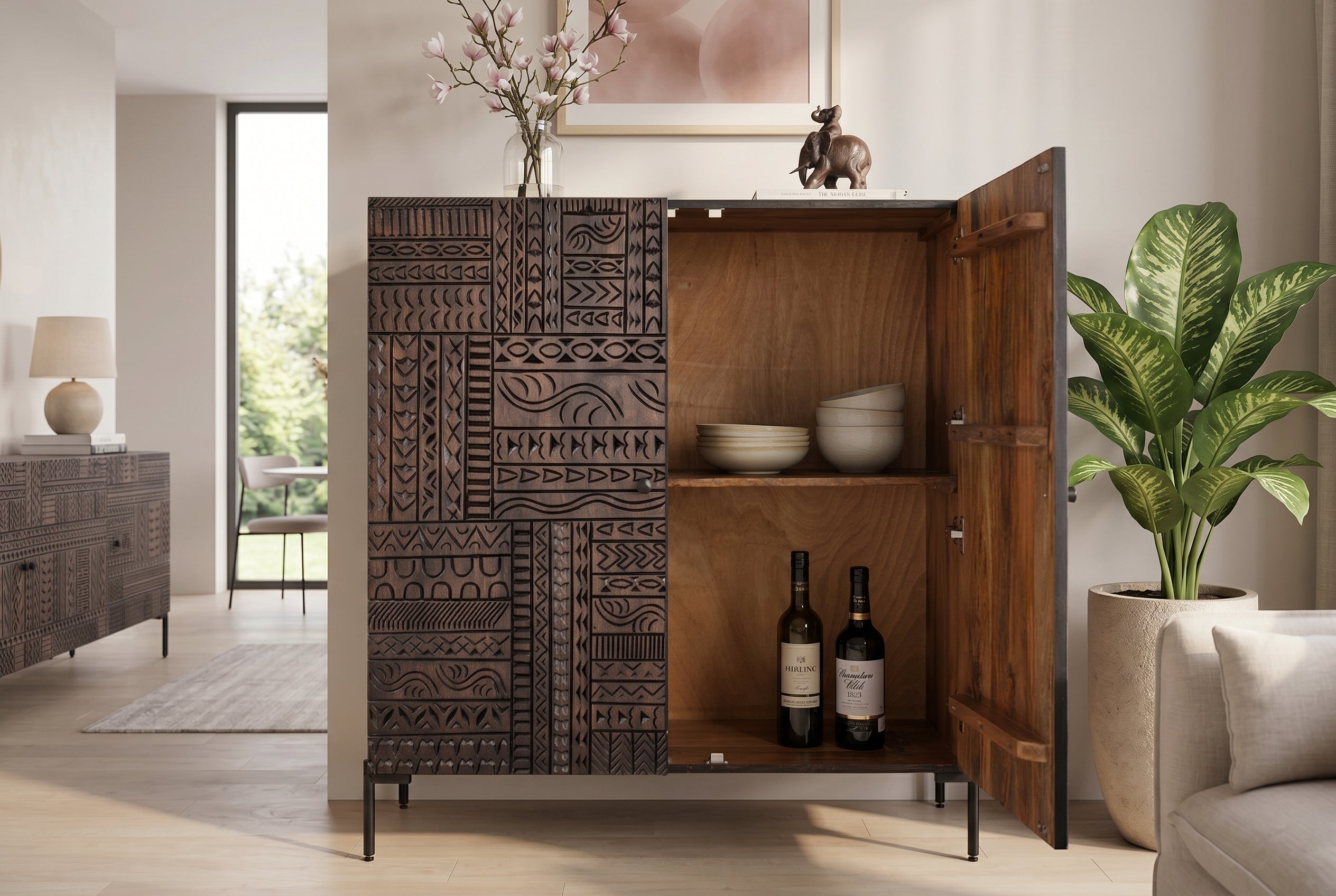 Buffet haut massif TRIBAL 120cm en manguier marron antique Façade 3D nombreux rangements