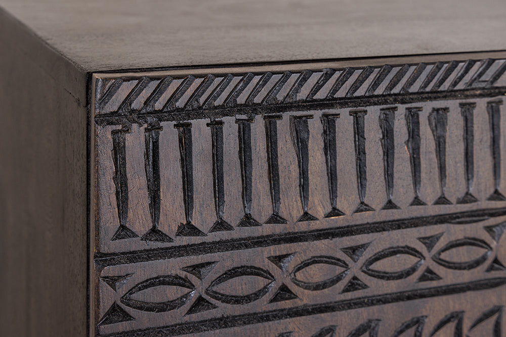 Buffet haut massif TRIBAL 120cm en manguier marron antique Façade 3D nombreux rangements