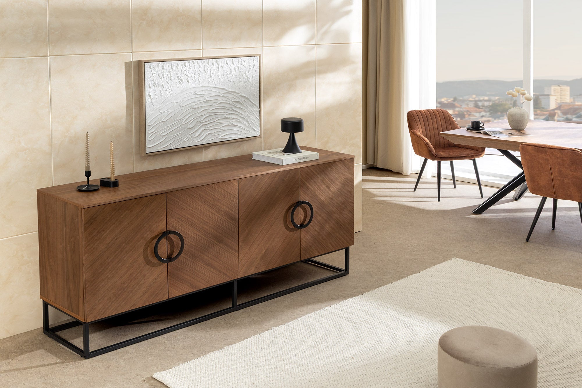 Buffet industriel GRANDEZZA 180cm noyer naturel métal noir beaucoup de rangements