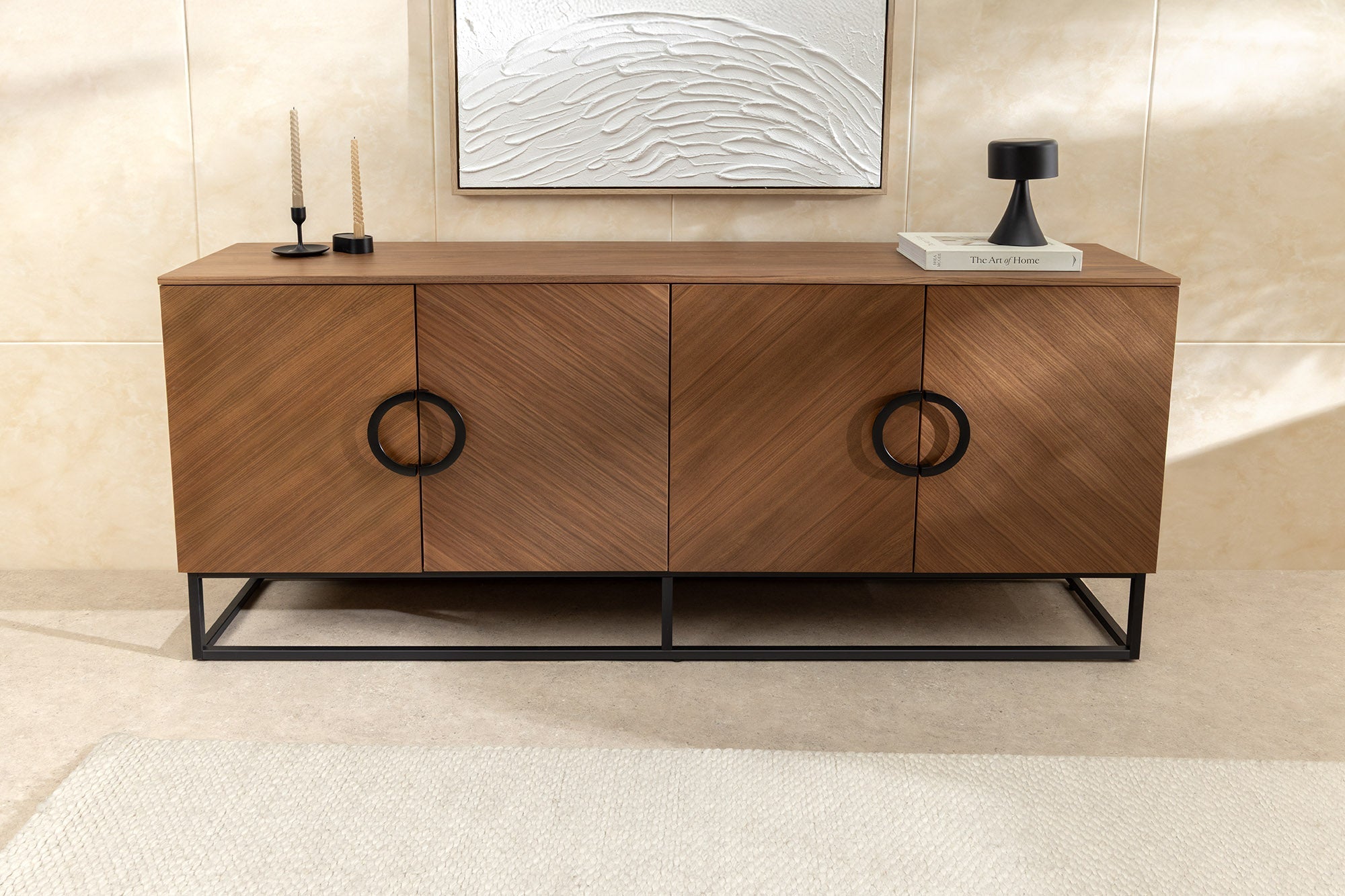 Buffet industriel GRANDEZZA 180cm noyer naturel métal noir beaucoup de rangements