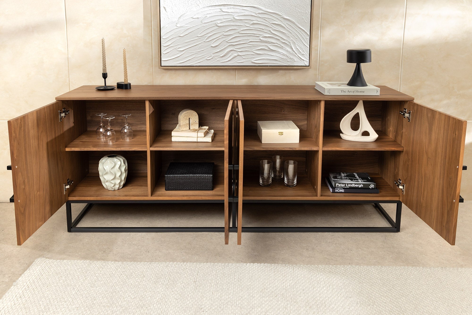 Buffet industriel GRANDEZZA 180cm noyer naturel métal noir beaucoup de rangements