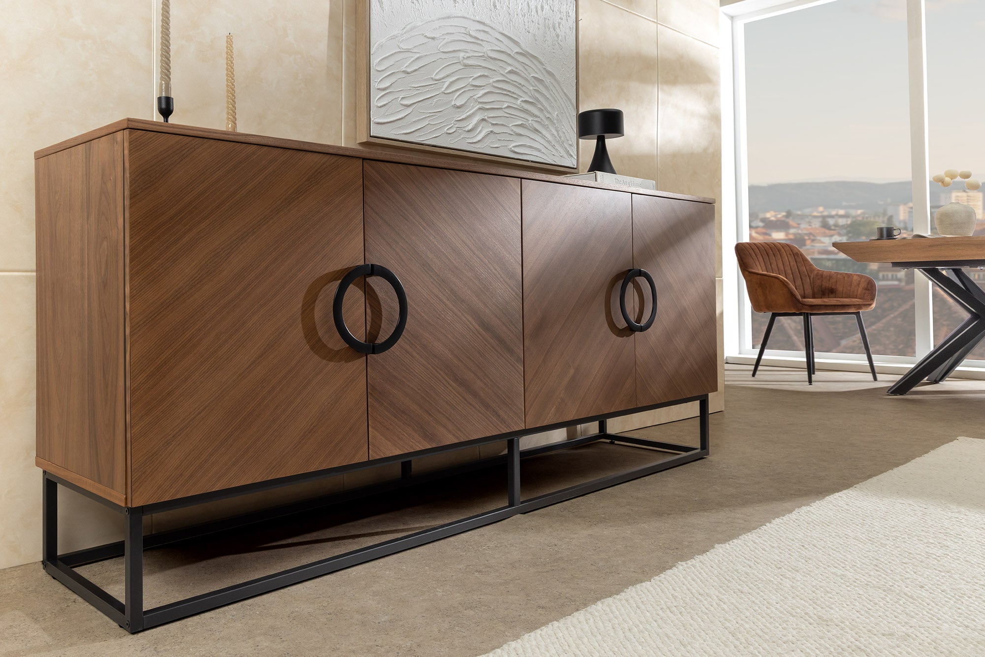 Buffet industriel GRANDEZZA 180cm noyer naturel métal noir beaucoup de rangements