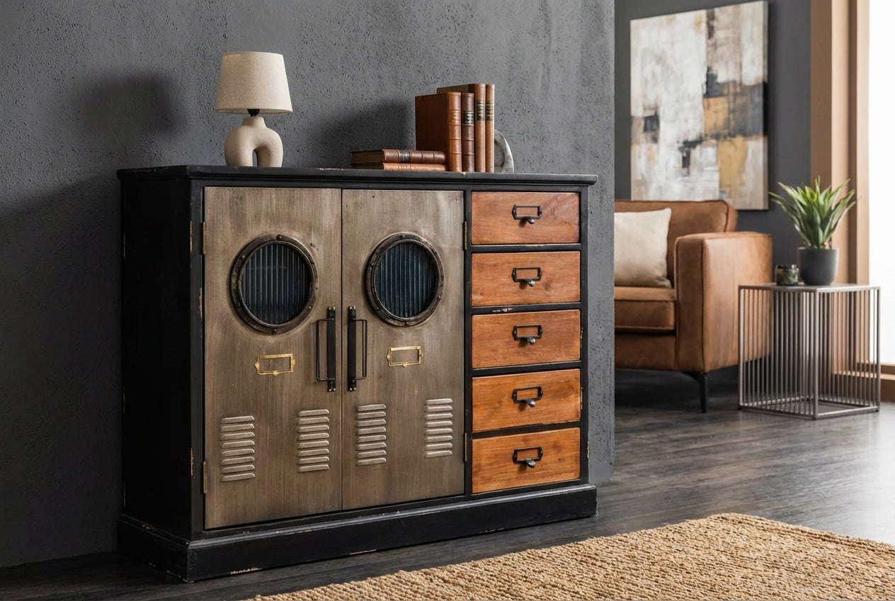 Buffet industriel NAUTILUS 105cm marron noir gris bois de pin métal look vintage