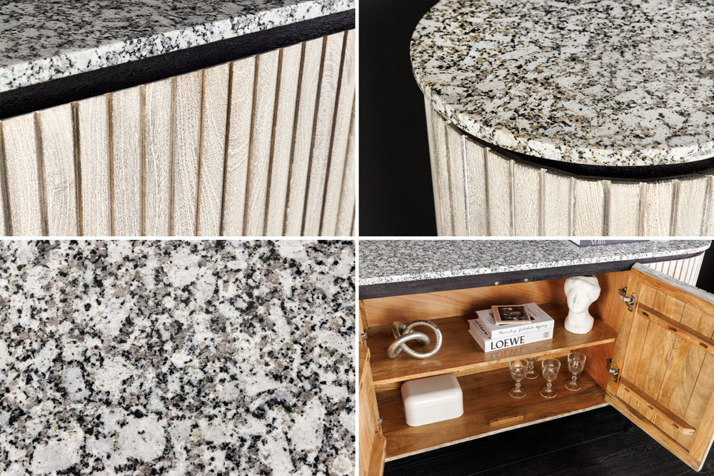 Buffet massif ADLON 170cm en manguier brossé gris avec plateau en marbre blanc