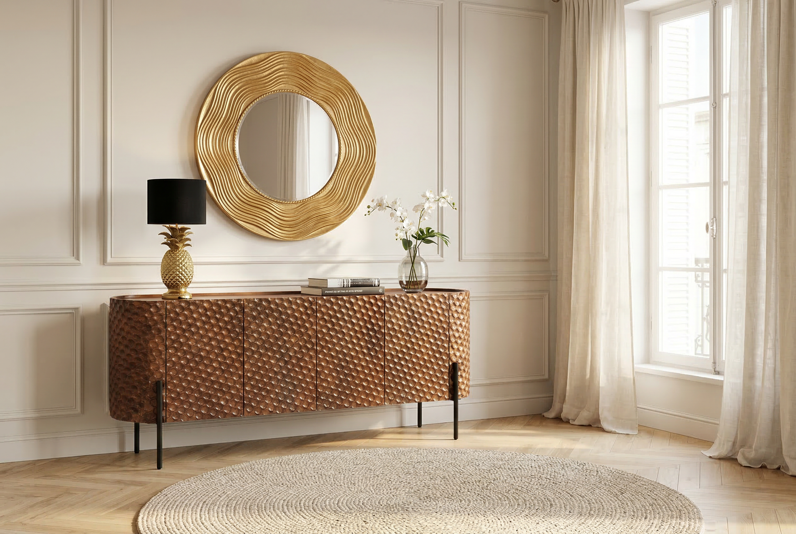 Buffet massif ADLON 180cm manguier marron métal noir façade 3D en structure nid d’abeille