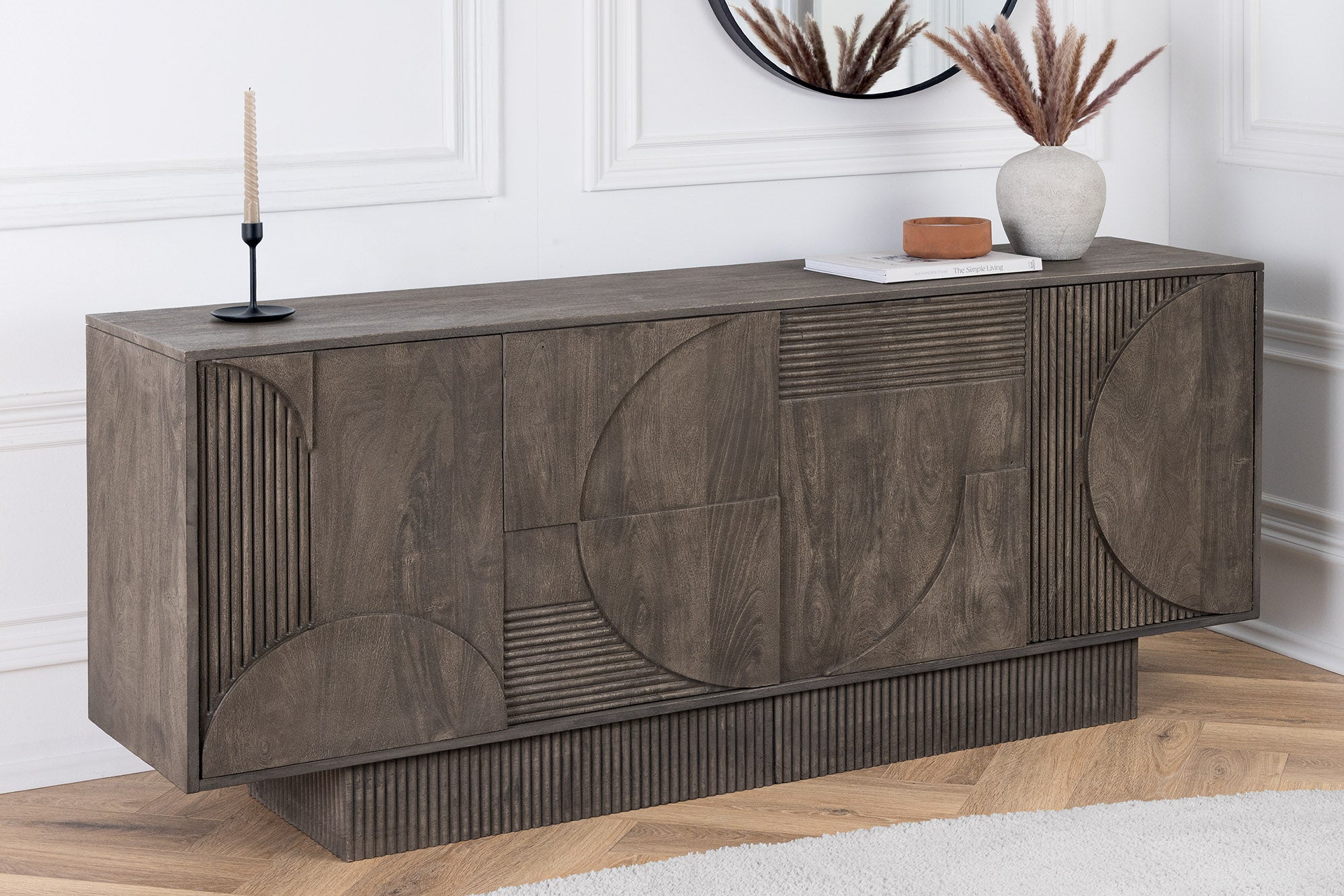 Buffet massif ART DECO 170cm bois de manguier gris façade 3D