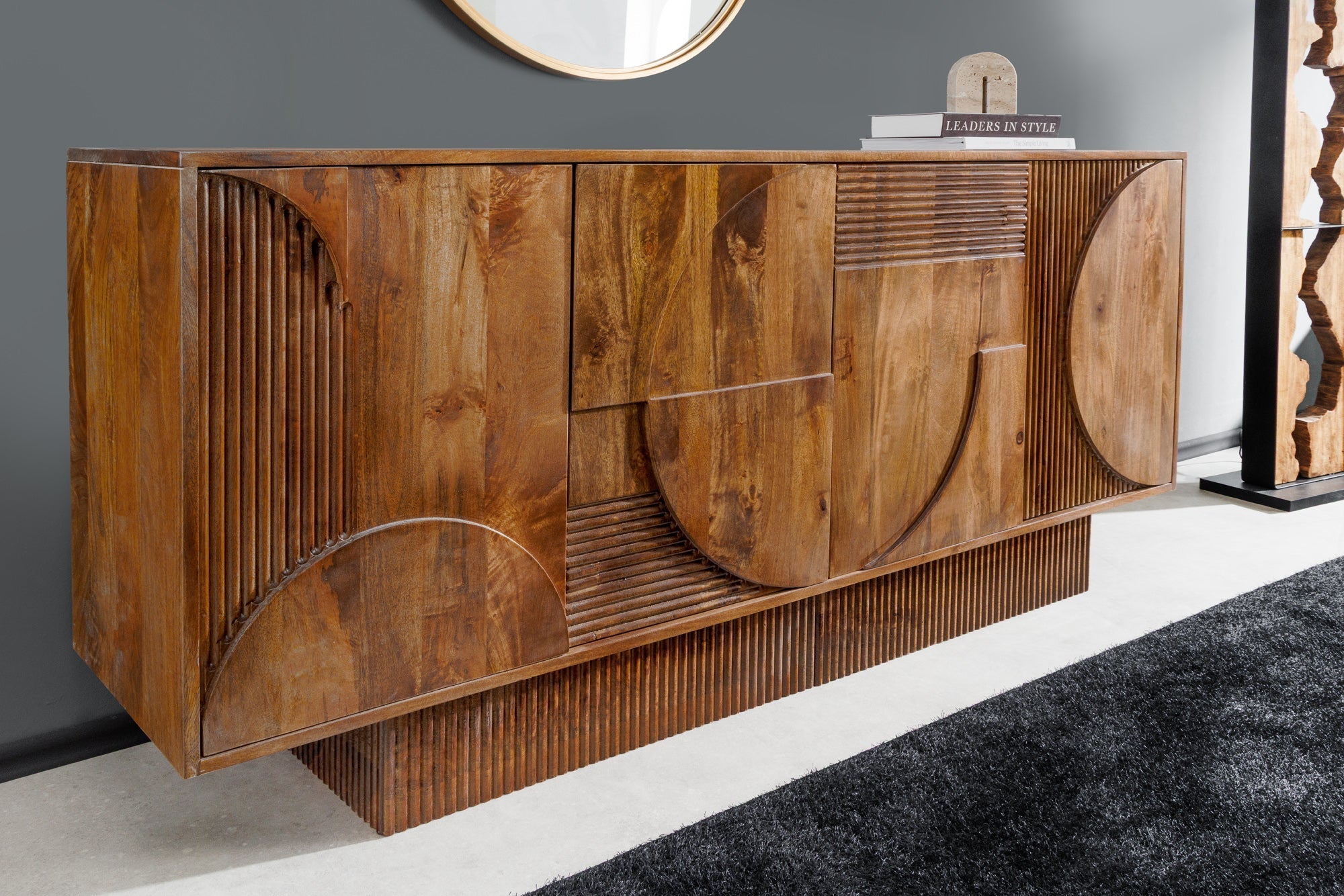 Buffet massif ART DECO 170cm marron fumé manguier façade 3D