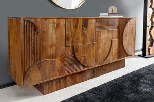 Buffet massif ART DECO 170cm marron fumé manguier façade 3D