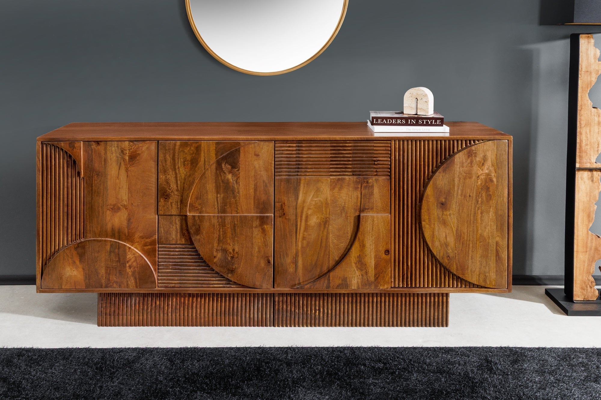 Buffet massif ART DECO 170cm marron fumé manguier façade 3D