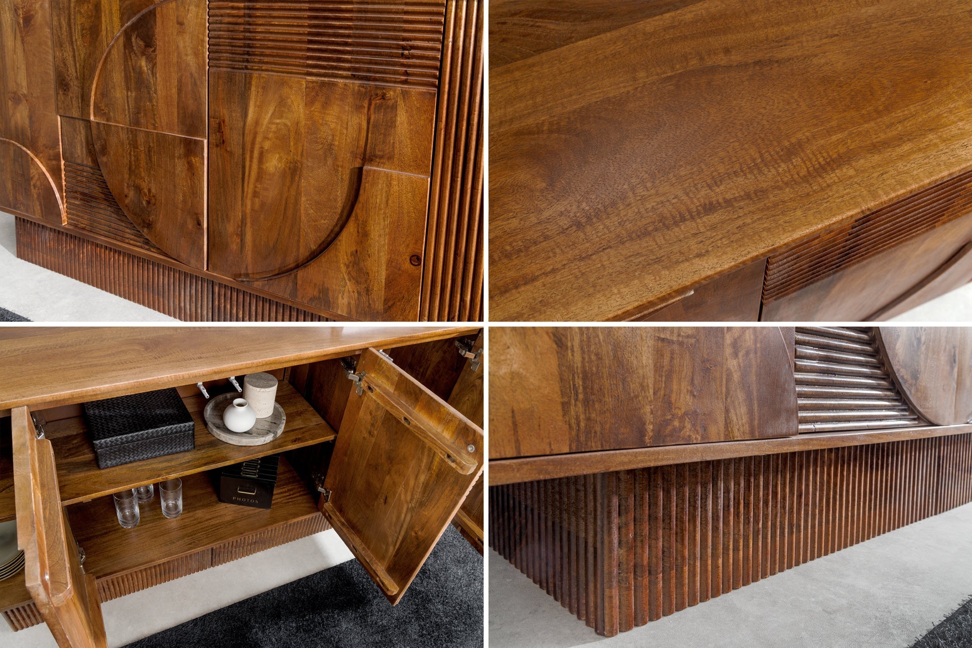 Buffet massif ART DECO 170cm marron fumé manguier façade 3D
