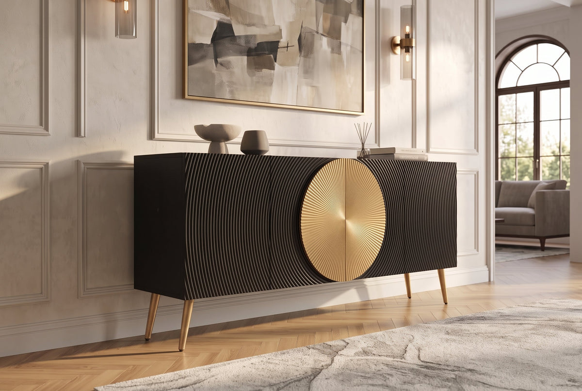 Buffet massif AURUM 180cm en manguier noir avec élément doré emblématique