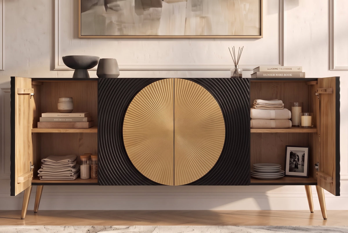 Buffet massif AURUM 180cm en manguier noir avec élément doré emblématique