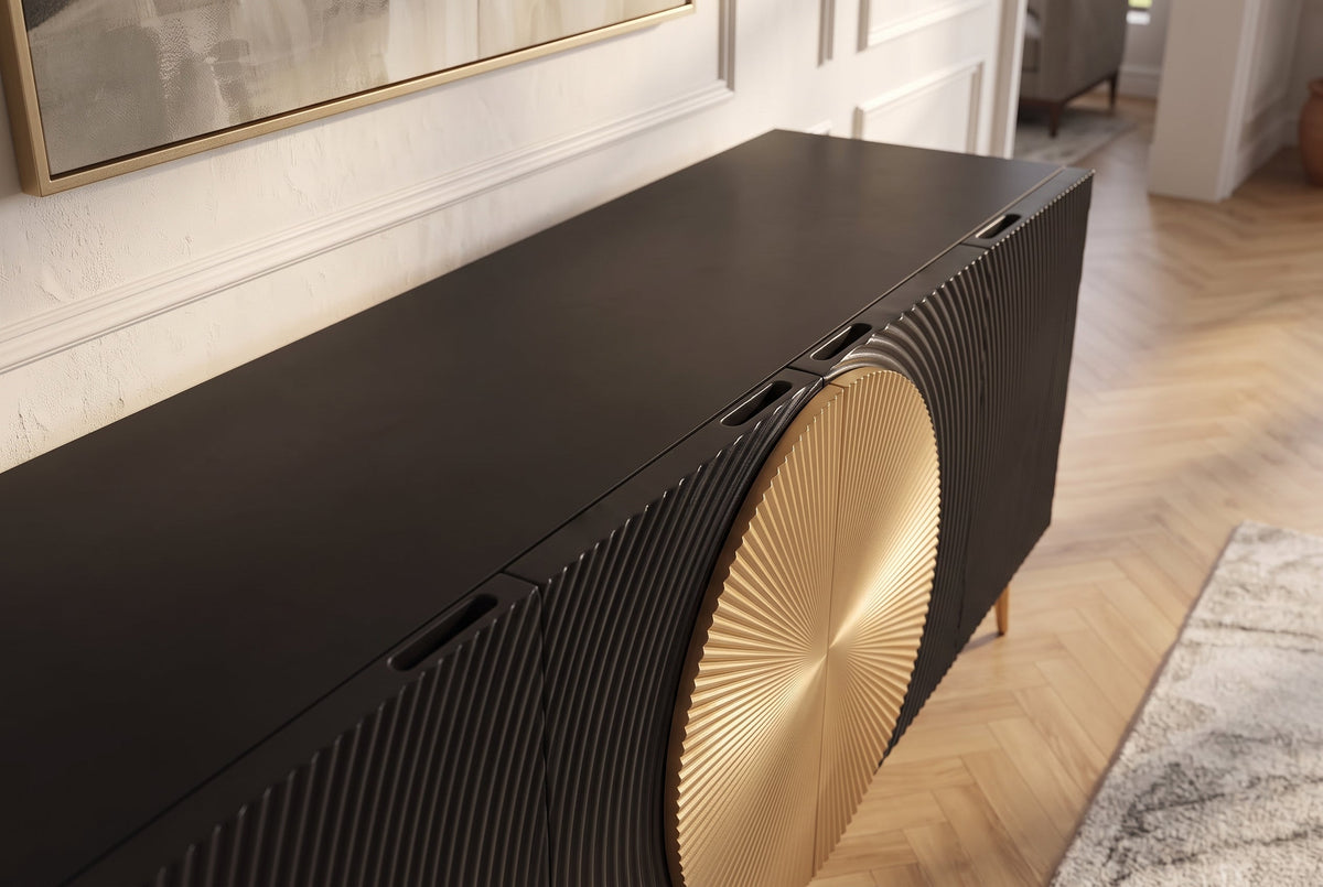Buffet massif AURUM 180cm en manguier noir avec élément doré emblématique