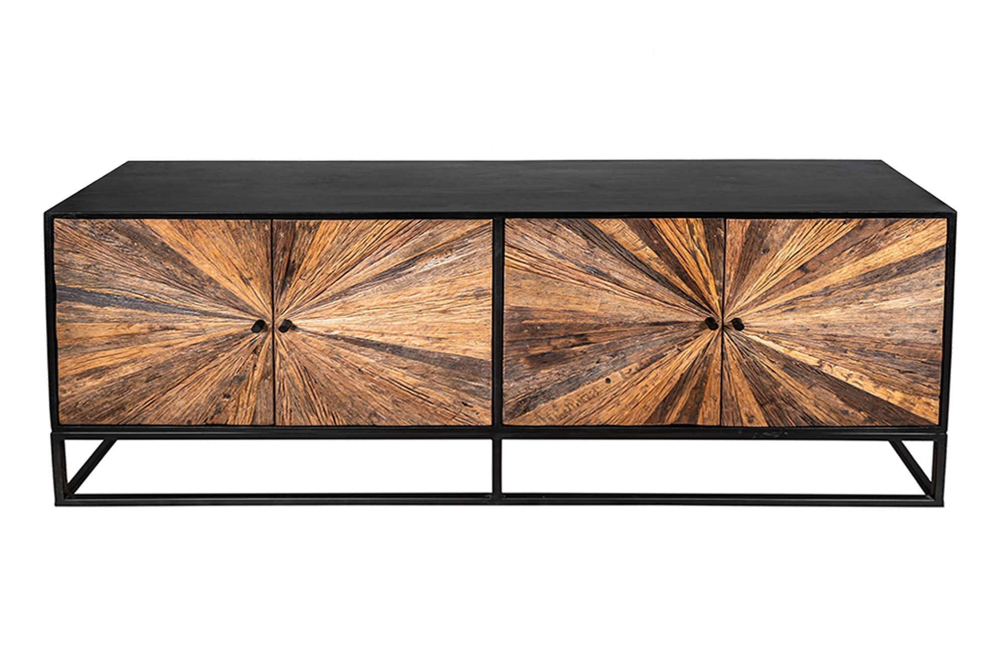 Buffet massif BARRACUDA 180cm en manguier marron avec façade en teck métal noir