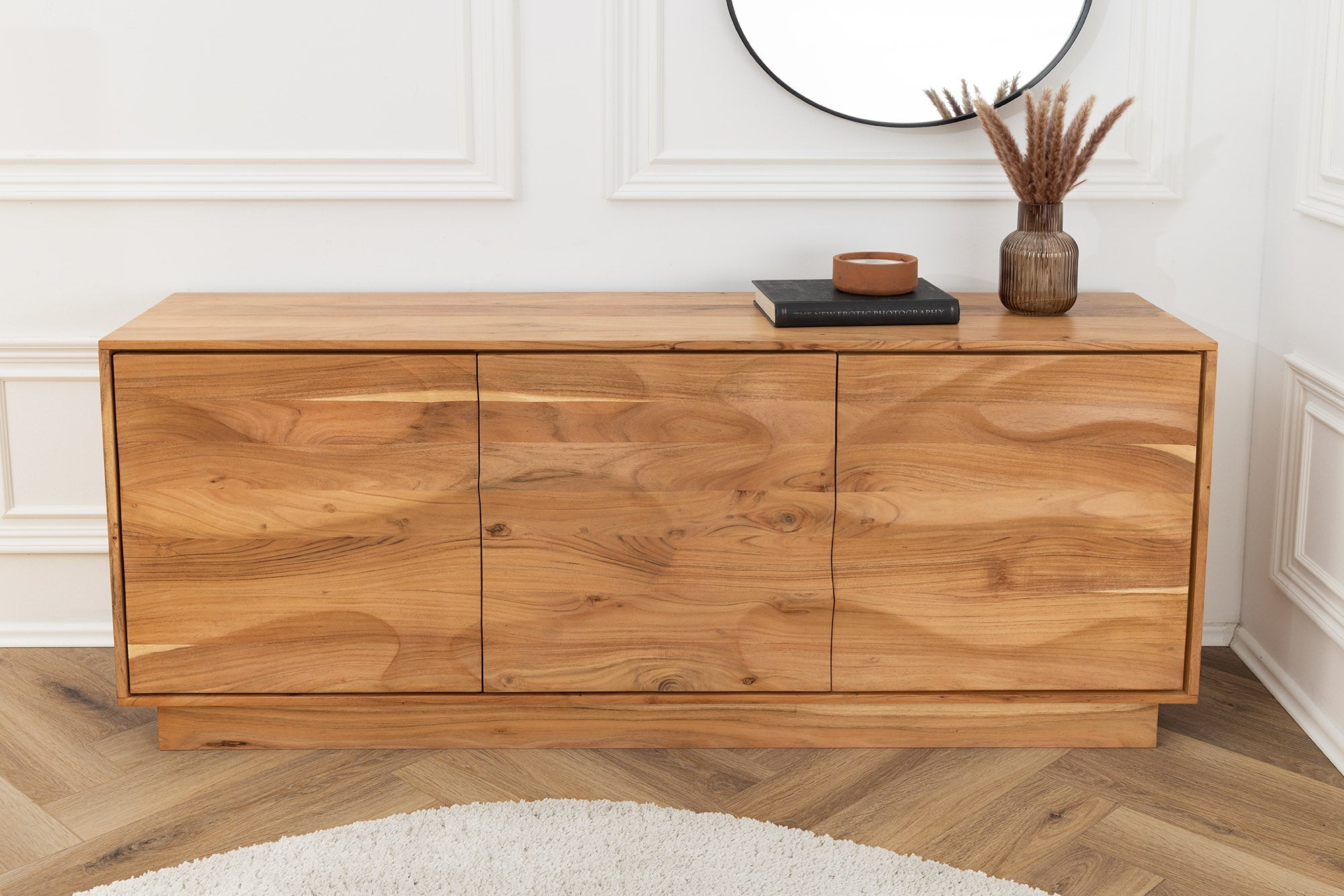 Buffet massif DESERT 160cm bois d’acacia beige sable façade 3D
