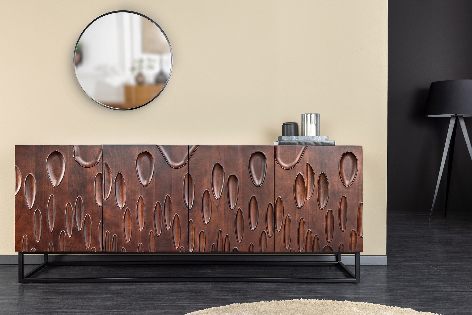 Buffet massif DUNE 175cm bois d’acacia marron noyer design 3D métal noir