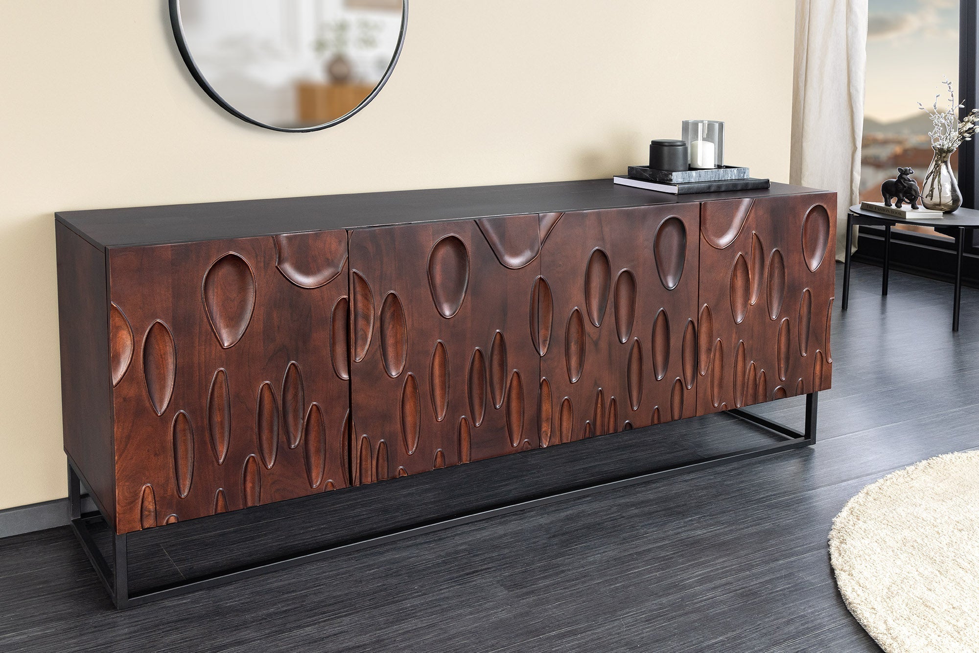 Buffet massif DUNE 175cm bois d’acacia marron noyer design 3D métal noir