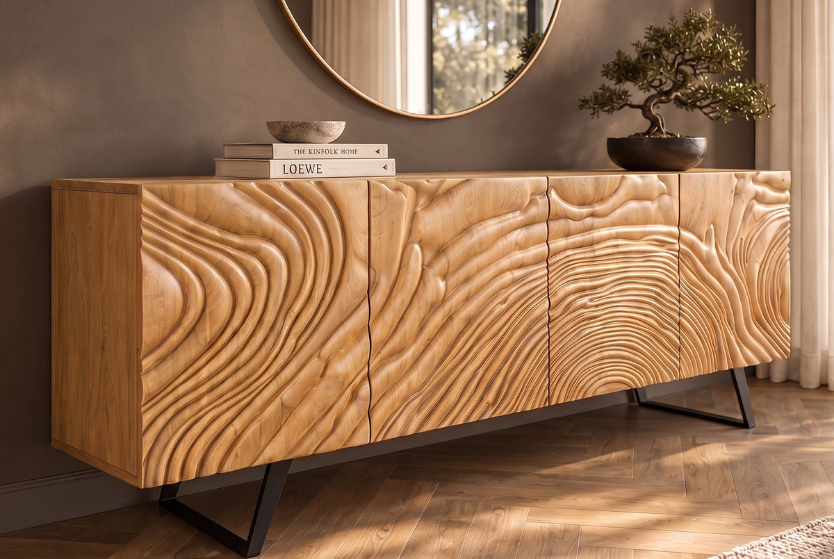 Buffet massif FLUID 175cm en manguier crème structure luge design 3D