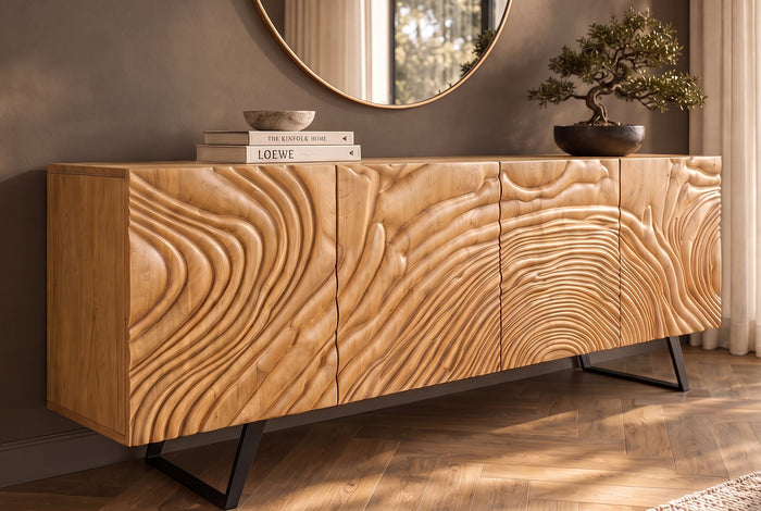 Buffet massif FLUID 175cm en manguier crème structure luge design 3D
