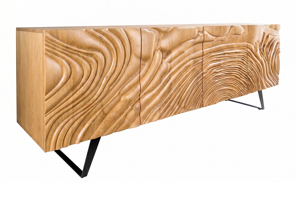 Buffet massif FLUID 175cm en manguier crème structure luge design 3D