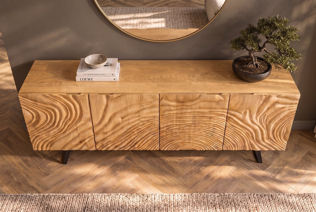 Buffet massif FLUID 175cm en manguier crème structure luge design 3D