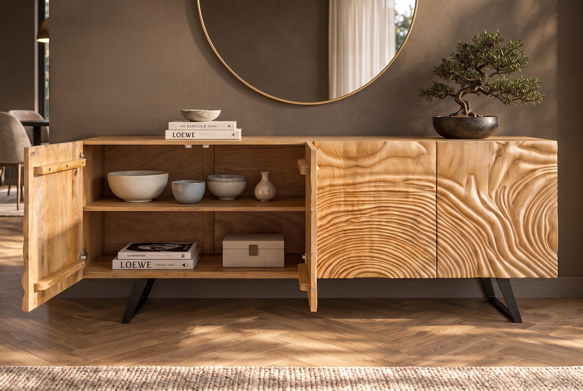 Buffet massif FLUID 175cm en manguier crème structure luge design 3D