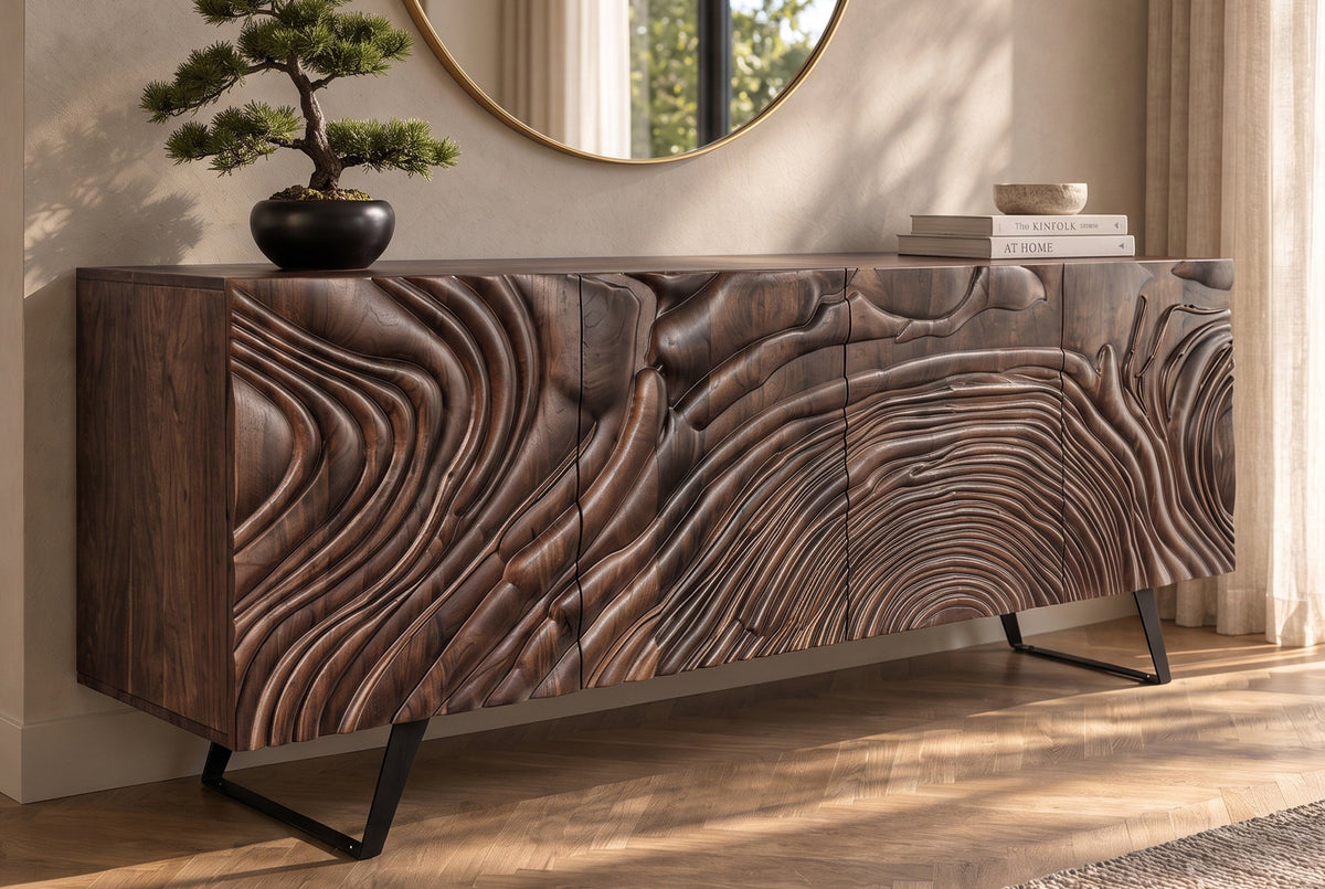 Buffet massif FLUID 175cm en manguier marron structure luge design 3D