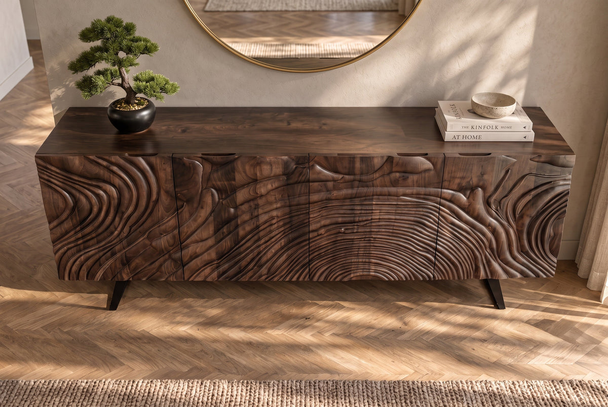 Buffet massif FLUID 175cm en manguier marron structure luge design 3D