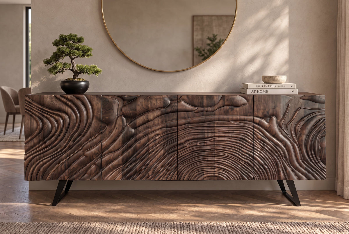Buffet massif FLUID 175cm en manguier marron structure luge design 3D