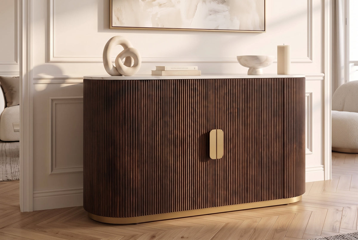 Buffet massif GATSBY 120cm bois de manguier brun métal or plateau de marbre blanc