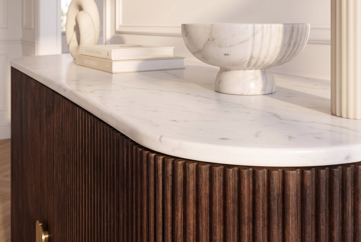 Buffet massif GATSBY 120cm bois de manguier brun métal or plateau de marbre blanc
